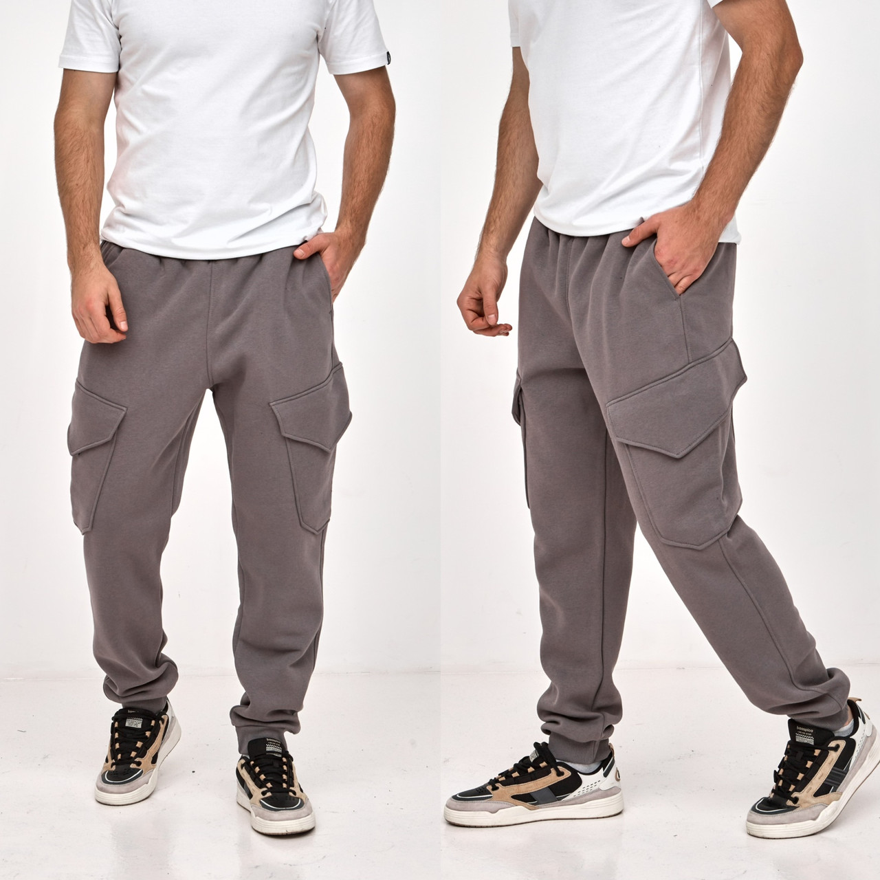 Спортивні теплі чоловічі штани  Hector карго з кишеннями зимові з манжетами трикотаж на флісі темний сірі великі розміри