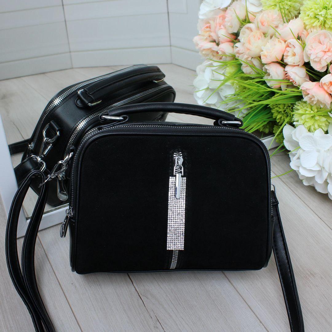 Жіноча сумка кросбоді комбінована невелика чорна натуральна замша+екошкіра