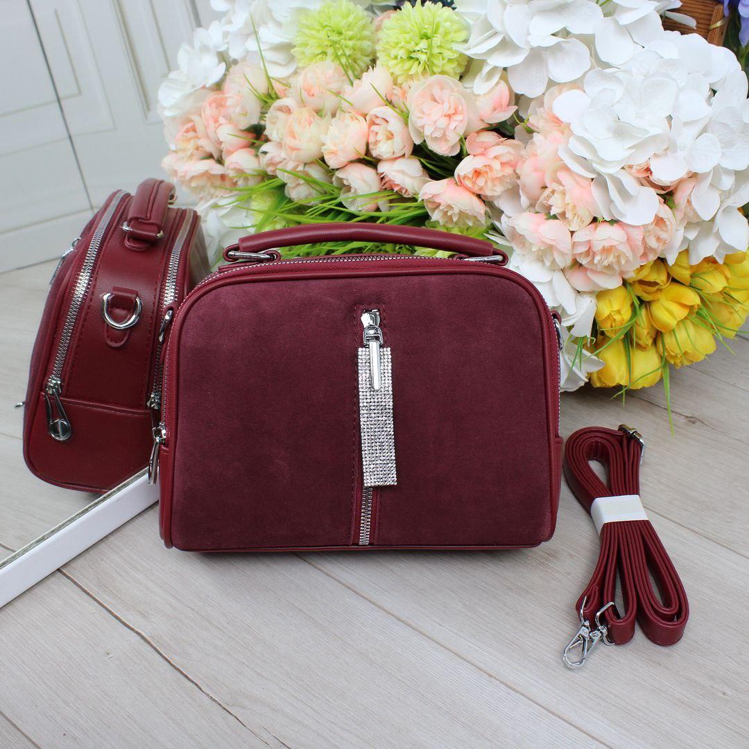 Жіноча сумка кросбоді комбінована невелика червона натуральна замша+екошкіра