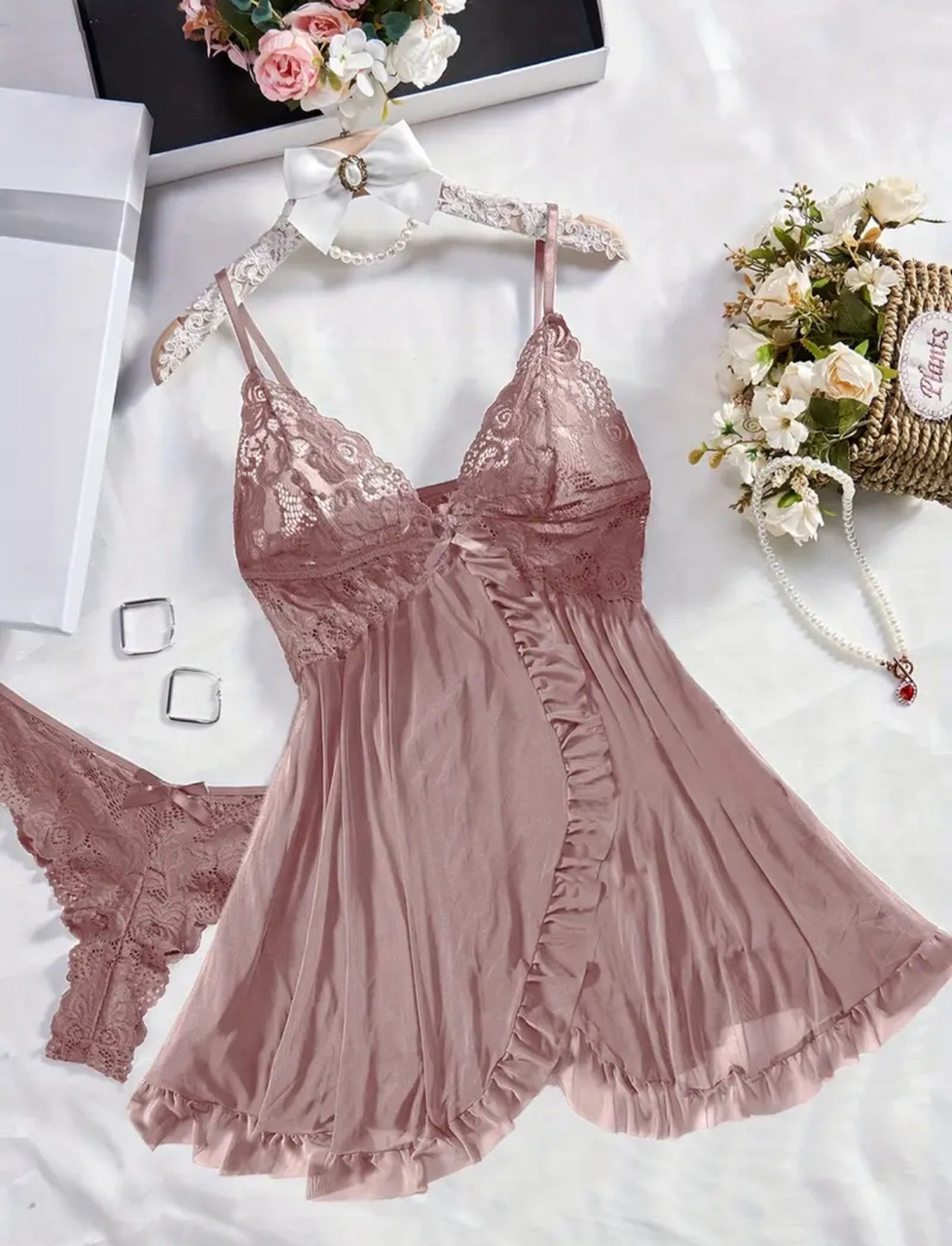 Мереживний пеньюар із широкими трусиками (р.XL, моко)