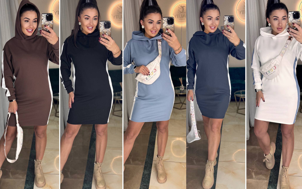 Сукня з капюшоном Тканина : лакоста турецька Мод: 771-920 Кольори: Шоколад, Чорний, Блакитний, Темно синій, Білий, фото 1