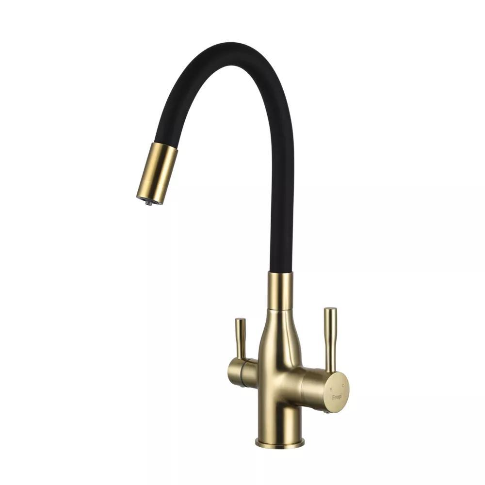 Змішувач для кухні під фільтр Frap F4396-3 з гнучким виливом Матове золото, фото 1