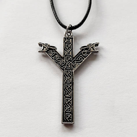 Кулон «Вовчі голови» у формі руни Алґіз, кельтський стиль, на шнурку 50 см, фото 1