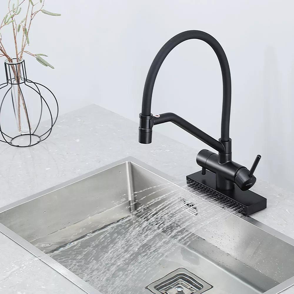 G4098-6 кухня одноваж. вис. вилив+ ВОДОСПАД  латунь гайка карт.90° Ø35 (чорний) {8/1}, фото 1