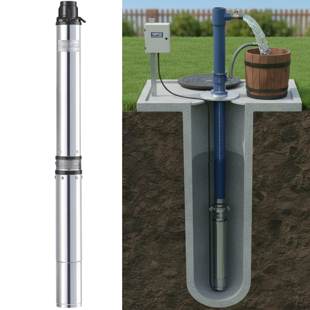 Занурювальний насос свердловин NPO 1500Вт, муфта, пульт управління, кабель 10м, KGB 100 QJD6-60/15-1,5D / Глибинний насос, фото 1