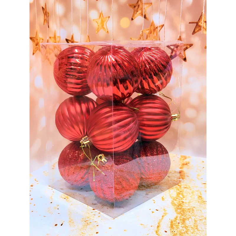 Набір ялинкових іграшок Рельєф пластикових круглих 12 шт 8 см Червоний, фото 1