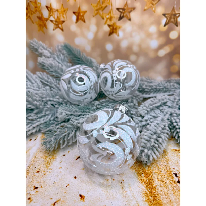 Набір куль "Розмальовування" 80 мм 3 шт. стильний святковий акцент із витонченим орнаментом Прозорий, фото 1