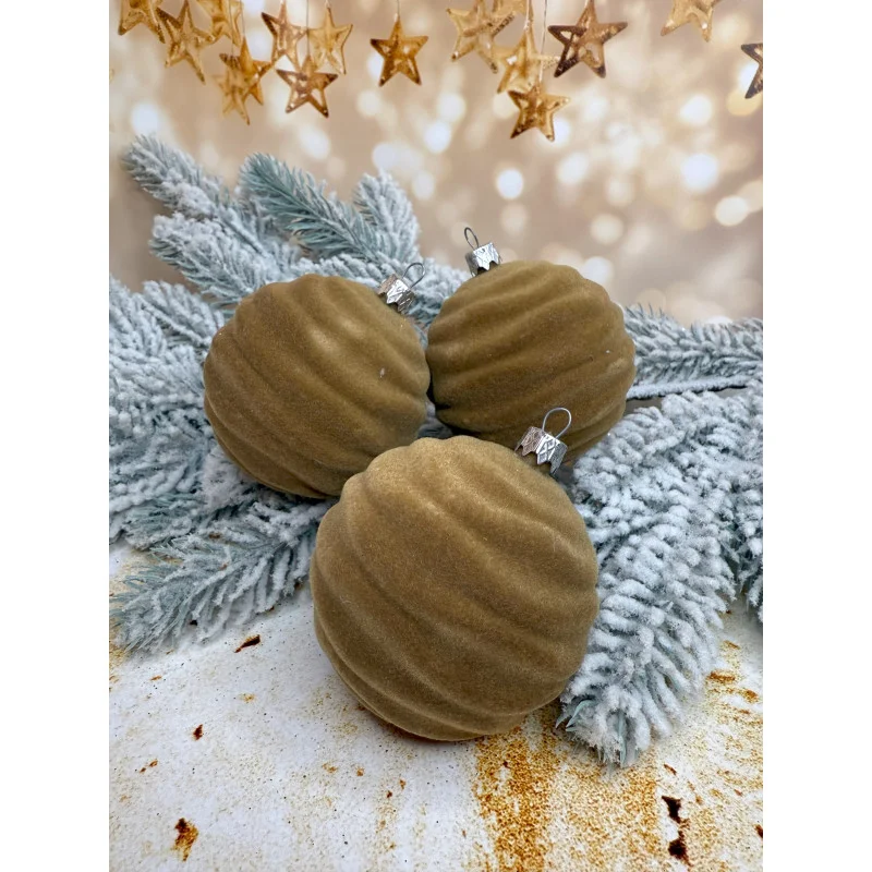 Набір ялинкових кульок «Вольна» оксамит 80 мм Стиль і затишок для вашої ялинки 6 шт Пісочний, фото 1