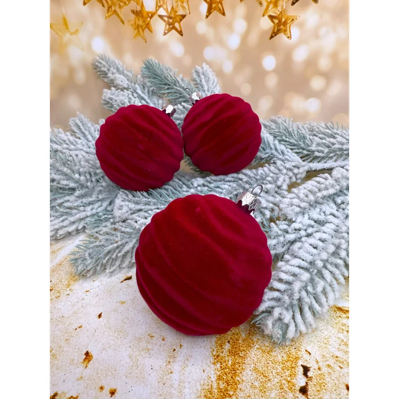 Набір ялинкових кульок «Вольна» оксамит 80 мм Стиль і затишок для вашої ялинки 6 шт Бордовий, фото 1