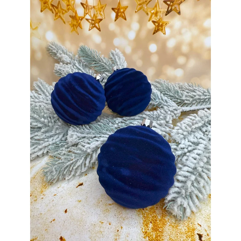 Набір ялинкових кульок «Вольна» оксамит 80 мм Стиль і затишок для вашої ялинки 6 шт Синій, фото 1