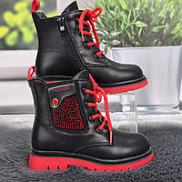 Черевики дитячі для дівчинки Y.TOP чорні з червоним демісезонні 5941-2