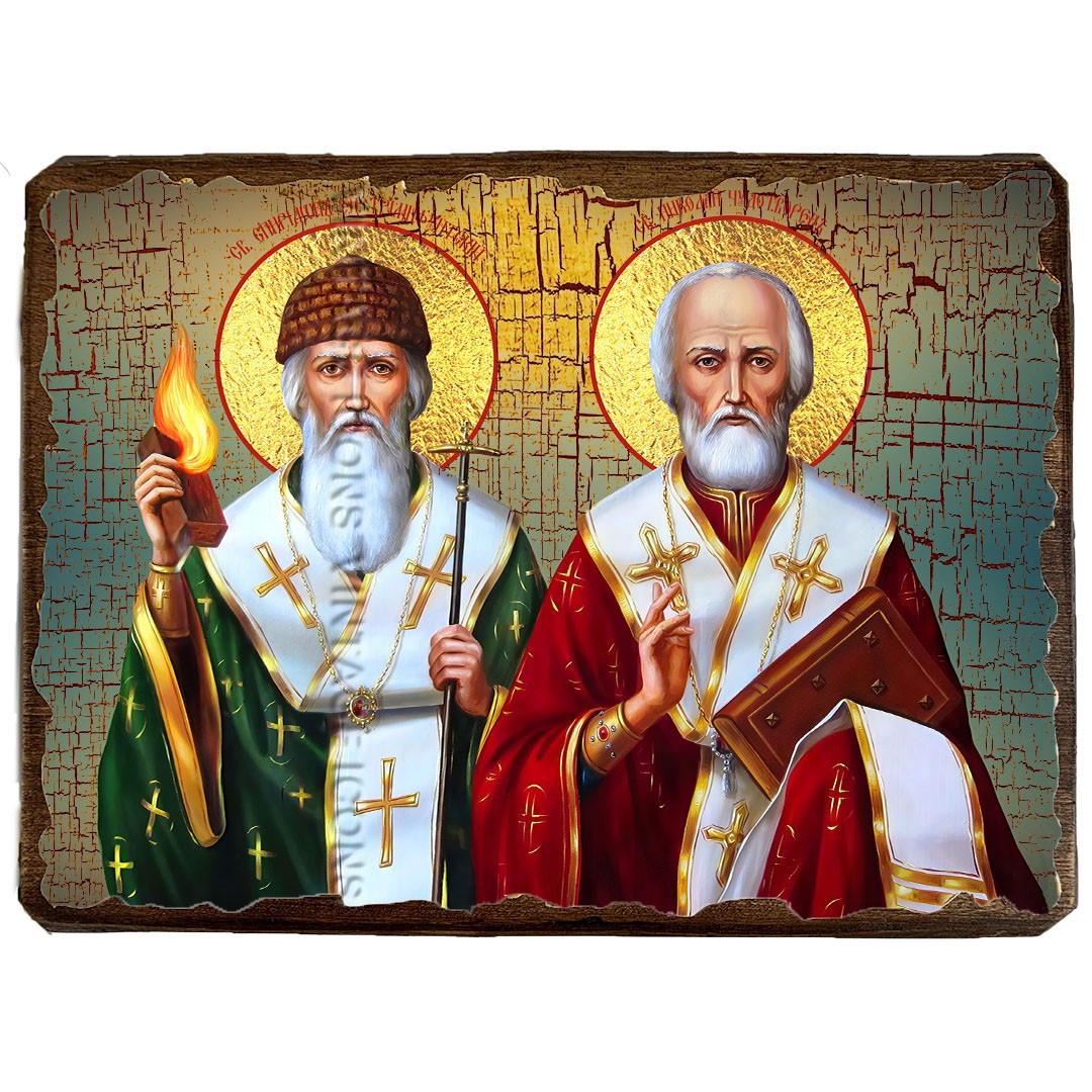 Ікона Микола Чудотворець та Спіридон Триміфунтський ,ікона на дереві 130х170 мм, фото 1