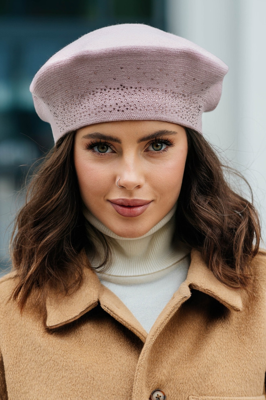 Берет "Віола" із розсипом каменів, колір темна пудра