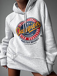 Жіноче тепле круте худі з якісним накатом з тринитки на флісі відтінку сірий меланж р.42/46