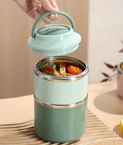 Термоланч-бокс термос для їжі 1060 мл на два яруси | Контейнер із нержавіючої сталі для обіду, фото 1