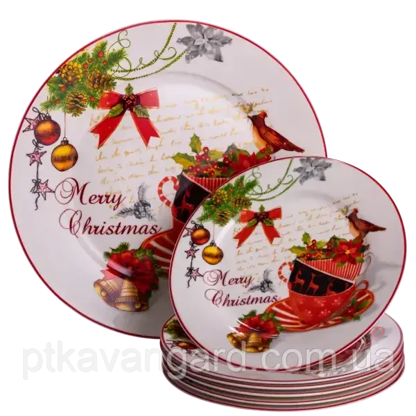 Набір тарілок новорічних фарфорових 7 штук Merry Christmas 26,5+19 см, фото 1