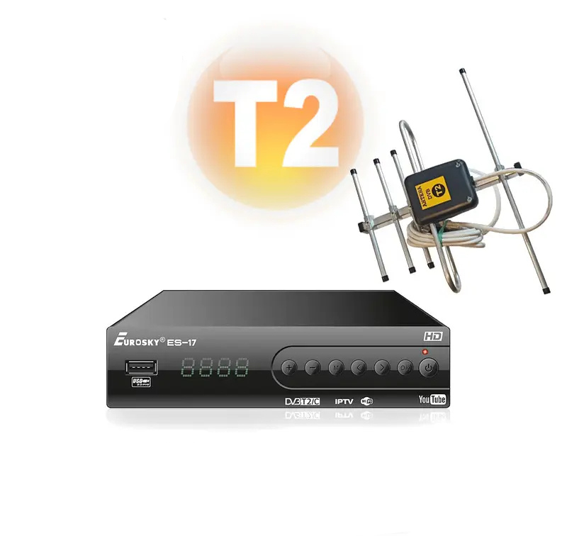 Комплект Т2 Тюнер Eurosky ES-17 та кімнатна антена Хвиля Т2, фото 1