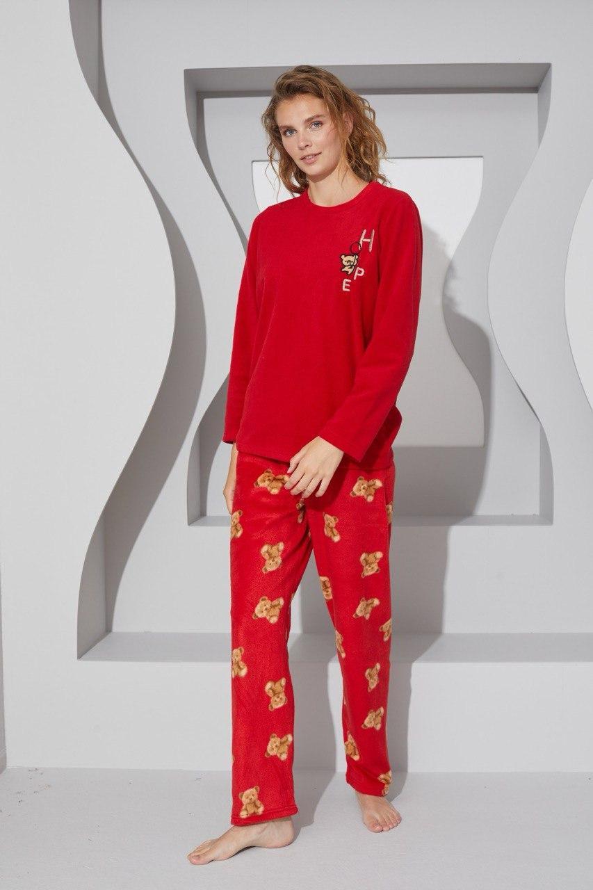 Піжама жіноча ФЛІСОВА штани кофта червона Ведмедики ТУРЦИЯ SS23075, фото 1