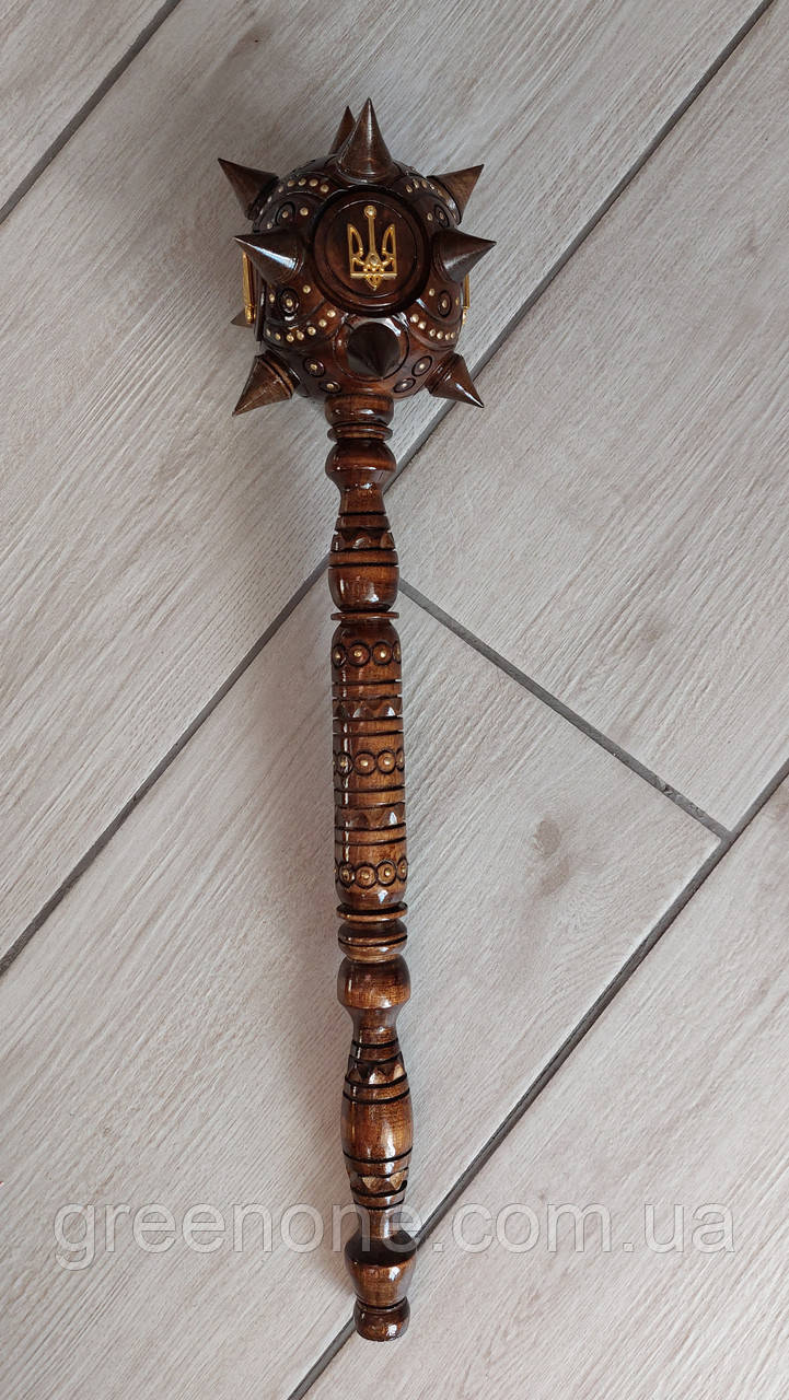 Сувенірна дерев'яна булава з золотим бісером, булава з Тризубом на подарунок 44 см, фото 1