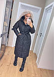 Жіноче стьобане пальто пуховик довге з капюшоном з поясом (р. 42-50) 6502254, фото 9