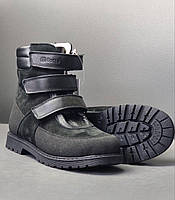 Дитячі ортопедичні шкіряні демісезонні черевики на липучках на флісі чорного кольору на підлітка 35 р, фото 3