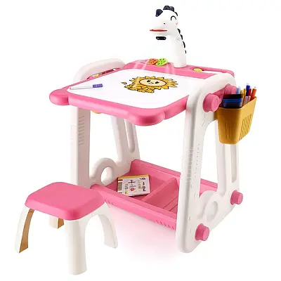 Дитячий творчий куточок 3в1 Столик для малювання зі стільчиком проєктор мольберт Світло-музикери альбом