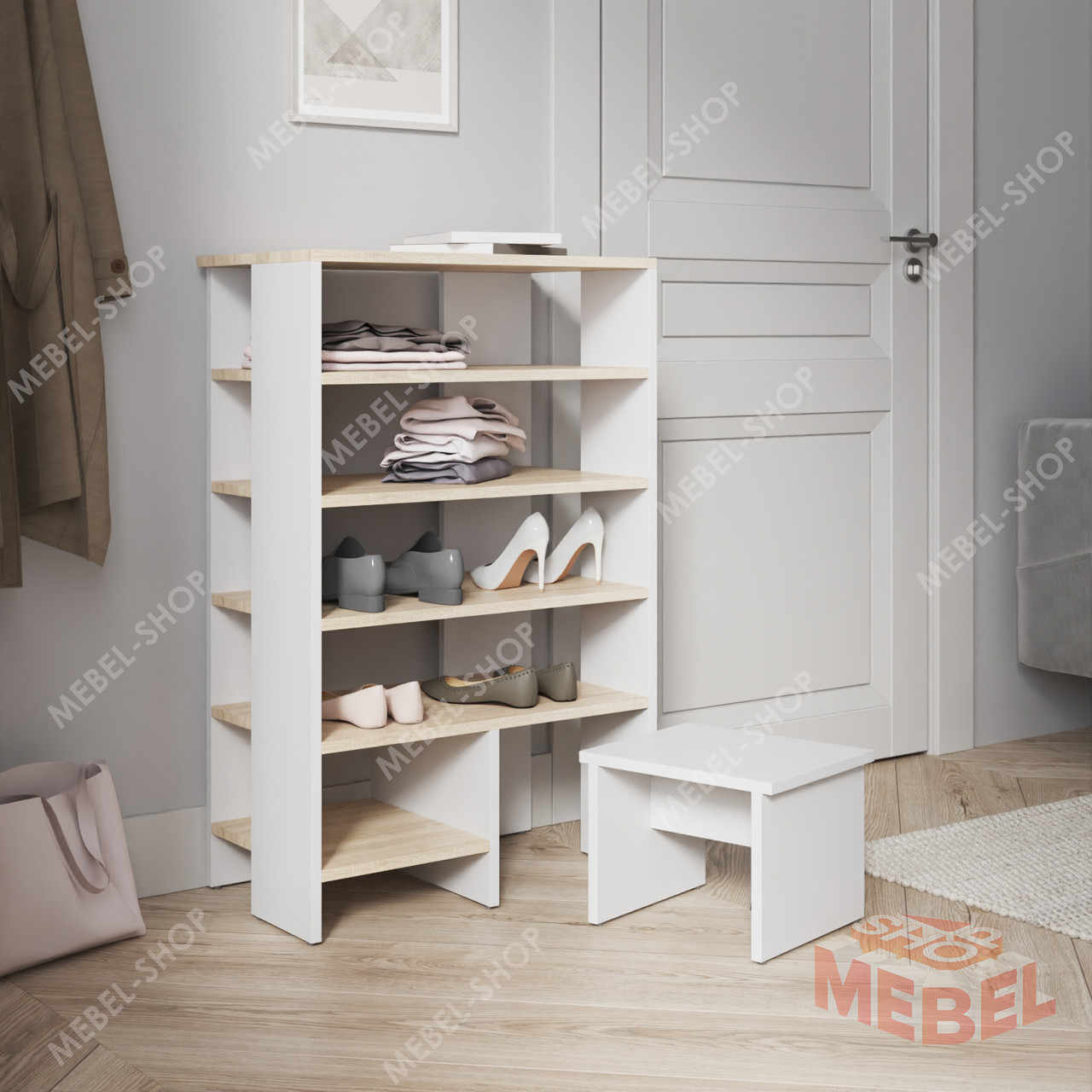 Взуттєвий стелаж з 5 полицями для зберігання 60 см Відкрита тумба для взуття з табуретом Обувниці в передпокій з ДСП, фото 1