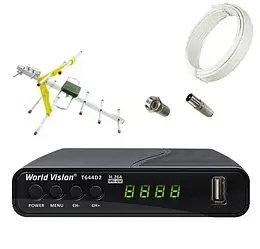 Комплект Т2 Тюнер World Vision T644D2 та антена зовнішня Eurosky ES-003 Yellow