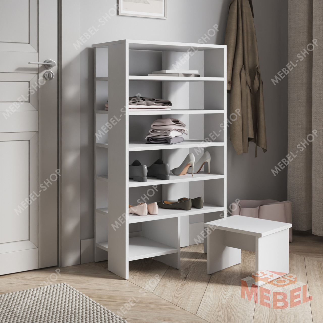 Місткий взуттєвий стелаж на 6 відділень із ДСП Полички для взуття з висувним сидінням у передпокій, фото 1