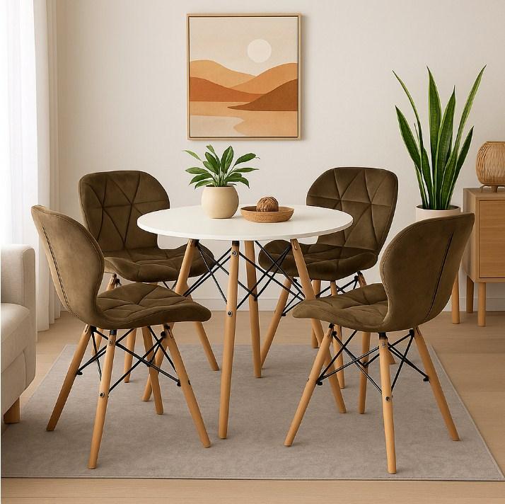 Комплект круглий стіл TODI 80 білий + 4 Коричневих стільці ELVA, фото 1