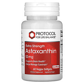 Астаксантин, Astaxanthin, Protocol for Life Balance, підвищена сила, 12 мг, 60 рослинних гелевих капсул