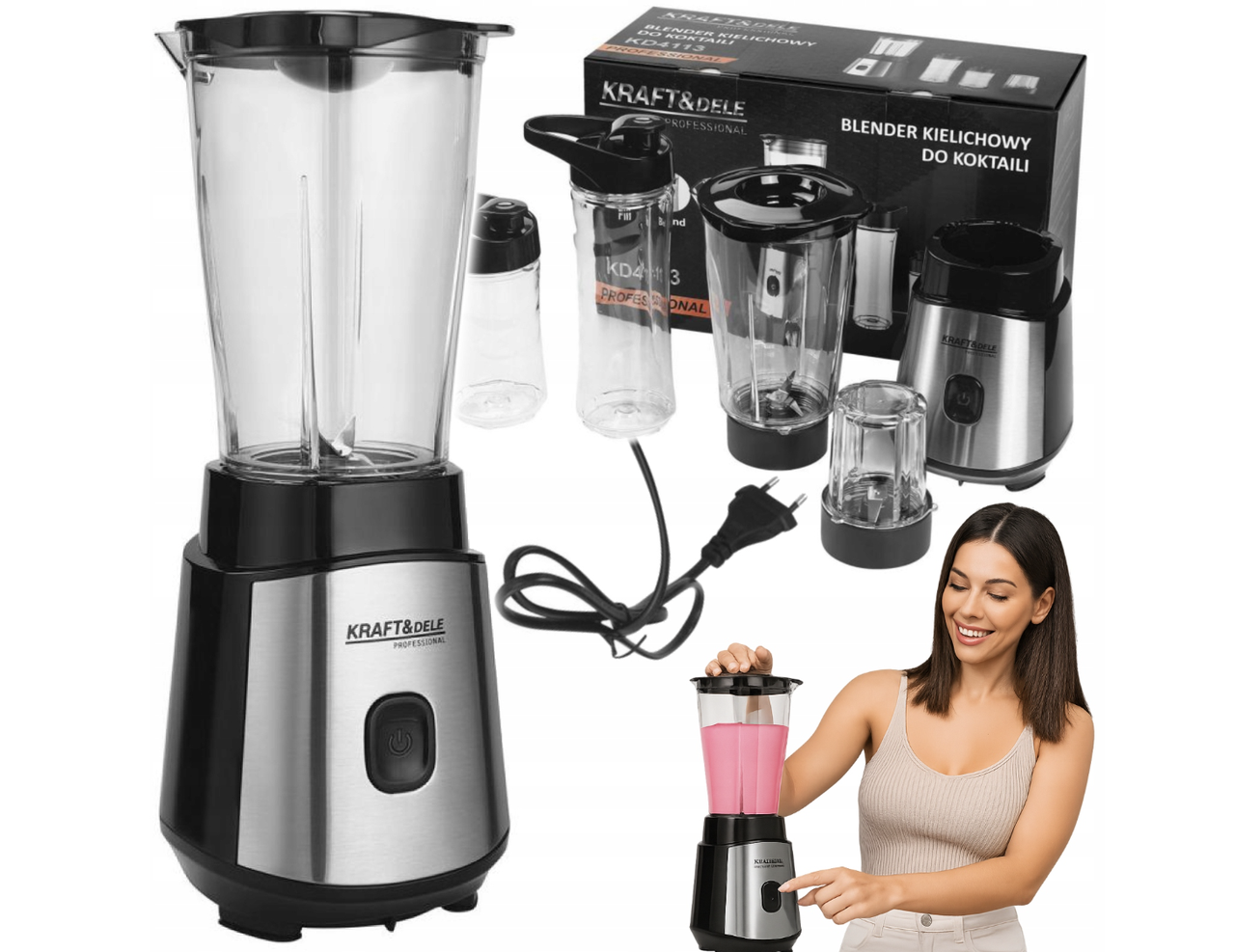 Багатофункціональний блендер Kraft&Dele KD4113 з 2 пляшками склянним глечеком для коктейлів смузі соусів, фото 1