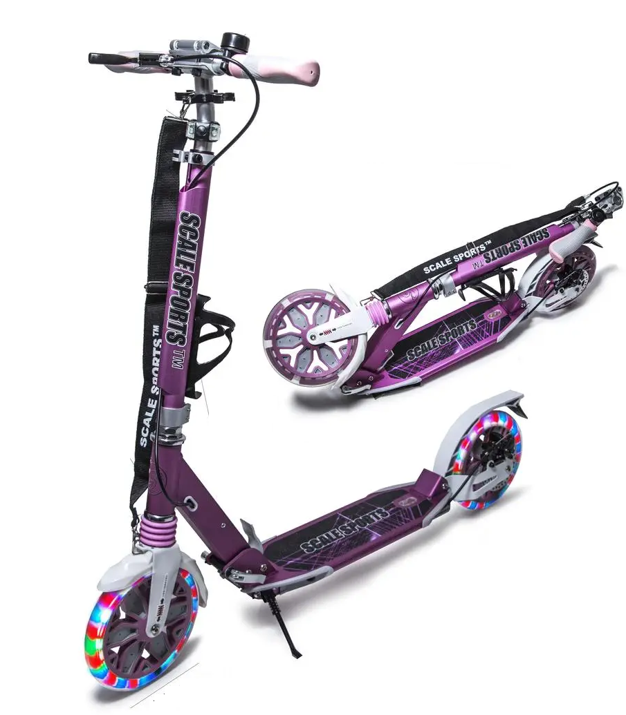 Самокат Scale Sports SS-27 на дискових задніх гальмах + ліхтарик + дзвіночок. Колеса світяться. Рожевий