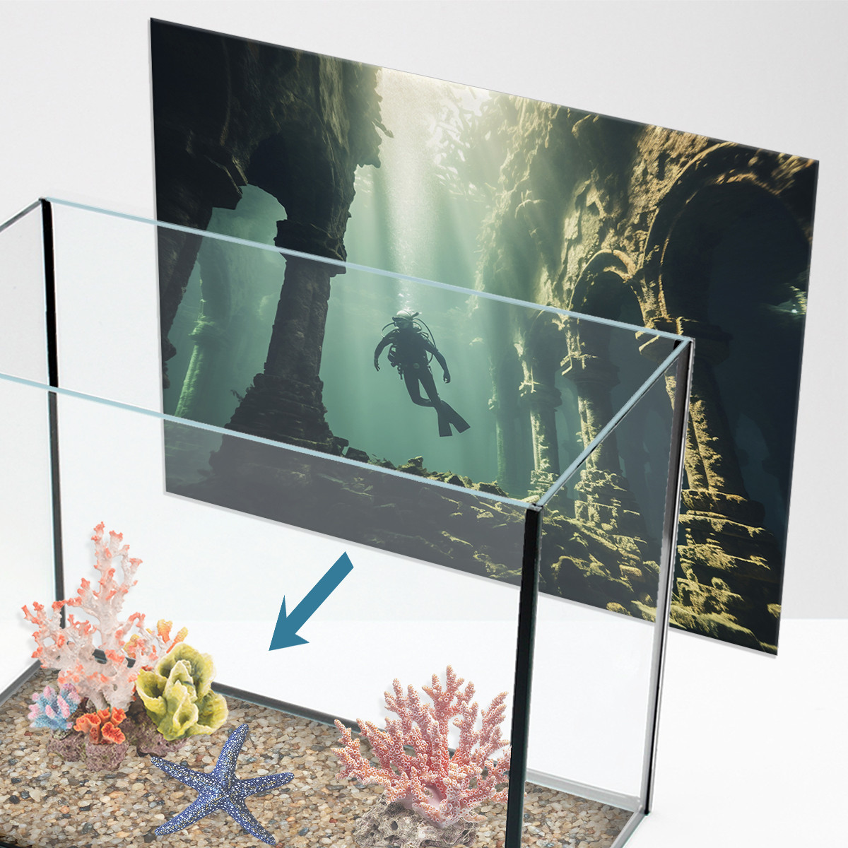 Наліпка для акваріума Дайвер на морському дні (400х650)