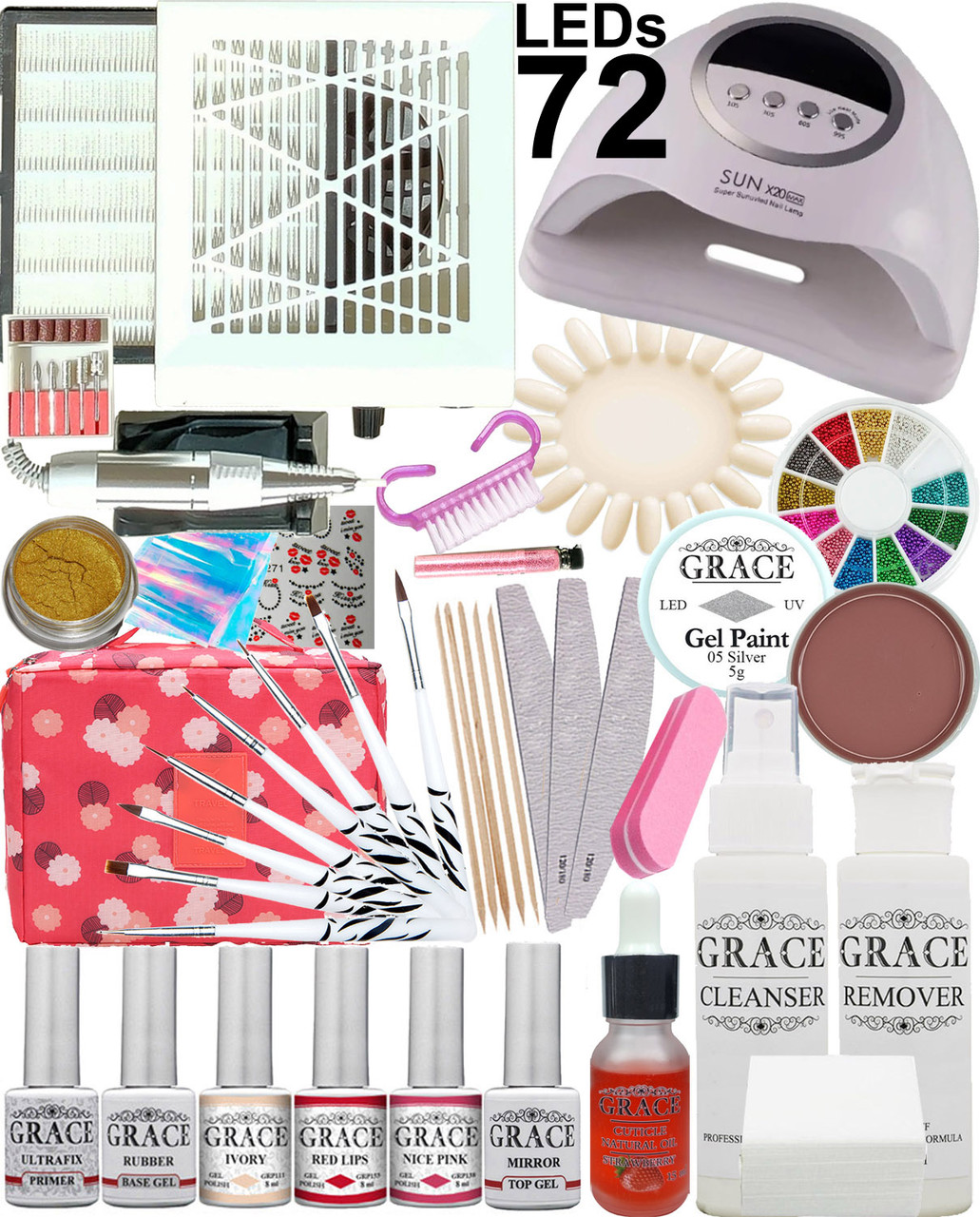 Професійний набір для манікюру та педикюру GRACE з лампою SUN X 20 MAX 320 W + Фрезер 35000 обертів із витяжкою пилососом для