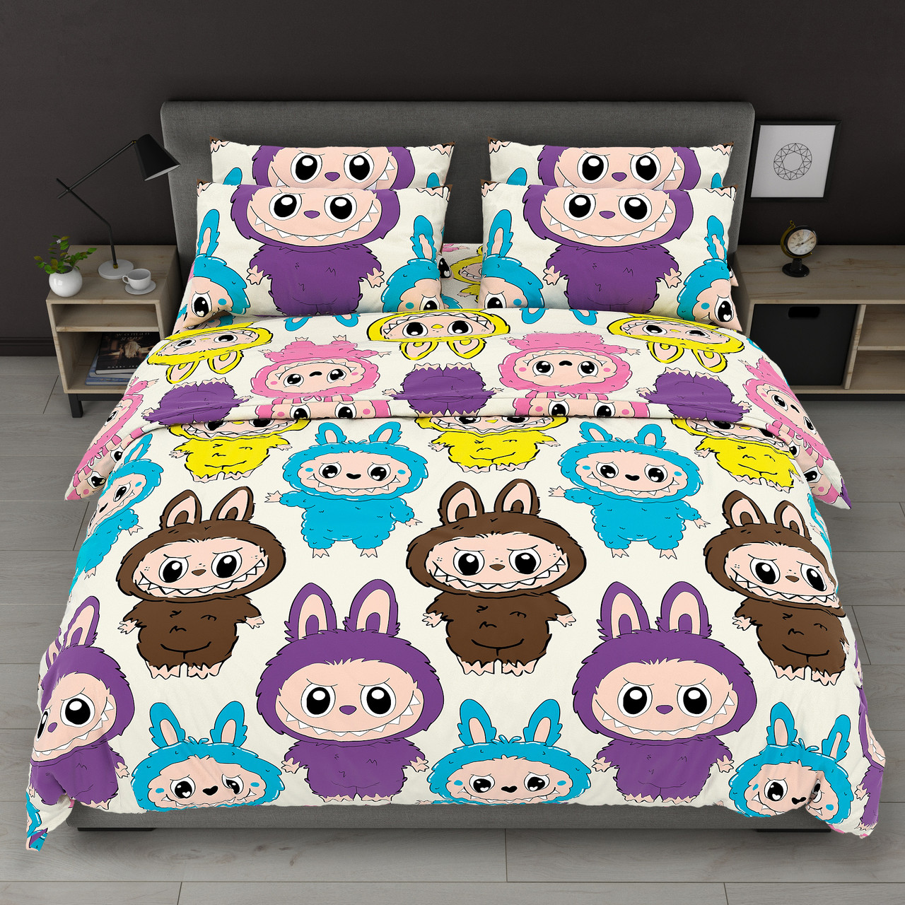 Постільна білизна Королева Ночі (Бязь) | Полуторний комплект | 50х70 | Різнокольорові лабубу, фото 1