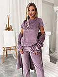 Жіночий домашній комплект трійка халат , штани та топ бордового кольору, фото 7