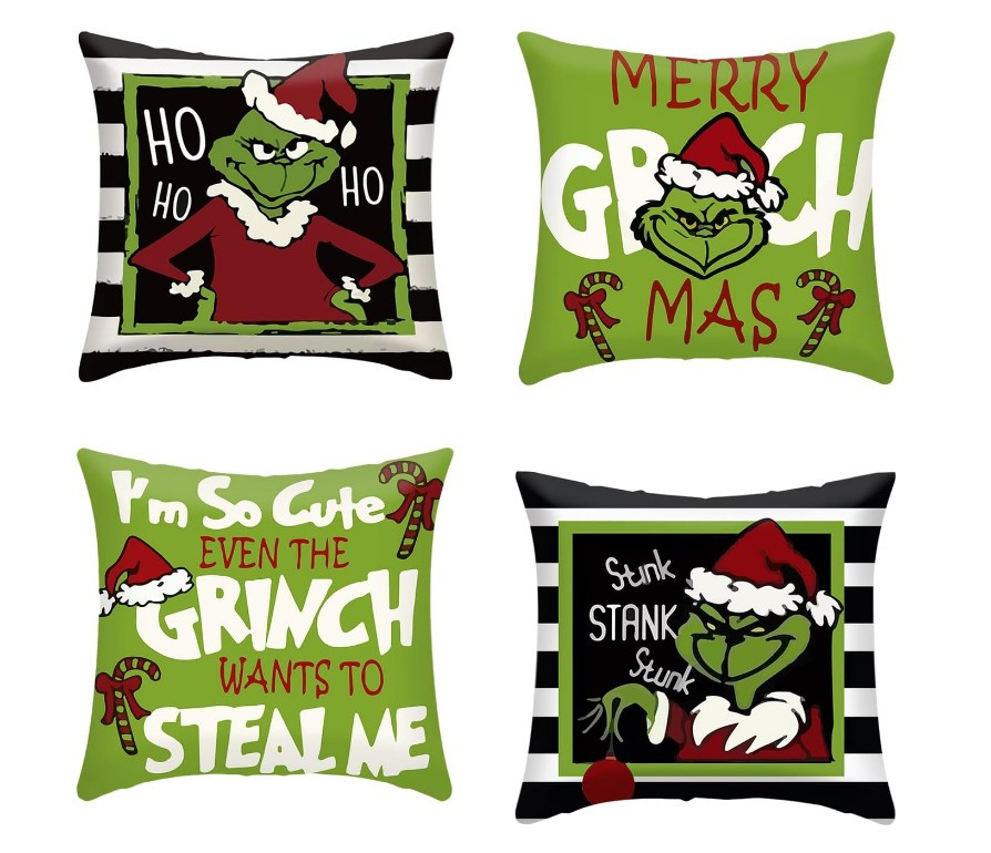 Комплект новорічних наволочок 4 шт 45*45см №11 чохли на подушки декоративні Грінч, фото 1