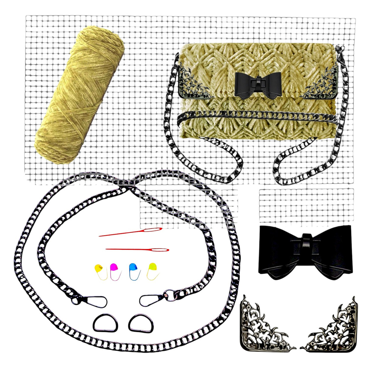 Канва +Нитки оливкові+ Замок Бантік + Кутки для клапана №6 + Ручка-ланцюжок чорного кольору Набір для сумки з канви, фото 1