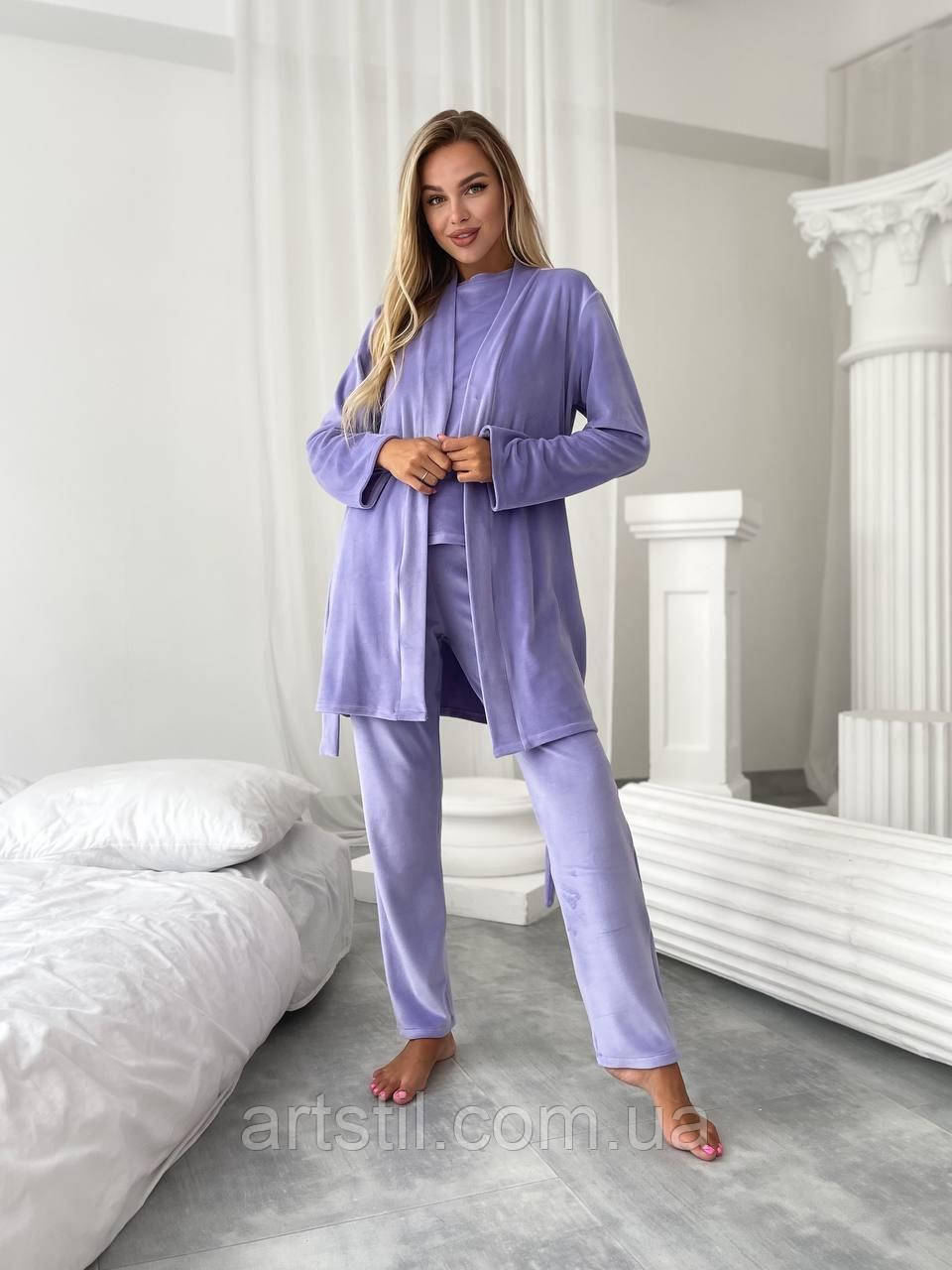 Жіночий домашній велюровий костюм-трійка фіолетового  кольору (лавандовий), для затишний і приємний до тіла, фото 1
