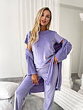 Жіночий домашній комплект трійка халат , штани та топ бордового кольору, фото 6