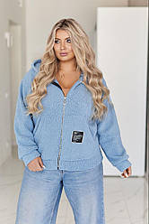 Тепла кофта жіноча батал для повних блакитна з капюшоном на блискавці