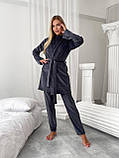 Жіночий домашній велюровий костюм-трійка темно-сірий (графітовий), для  затишний і приємний до тіла, фото 2