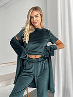 Жіночий домашній костюм: халат і штани з топом велюровий темно-зелений