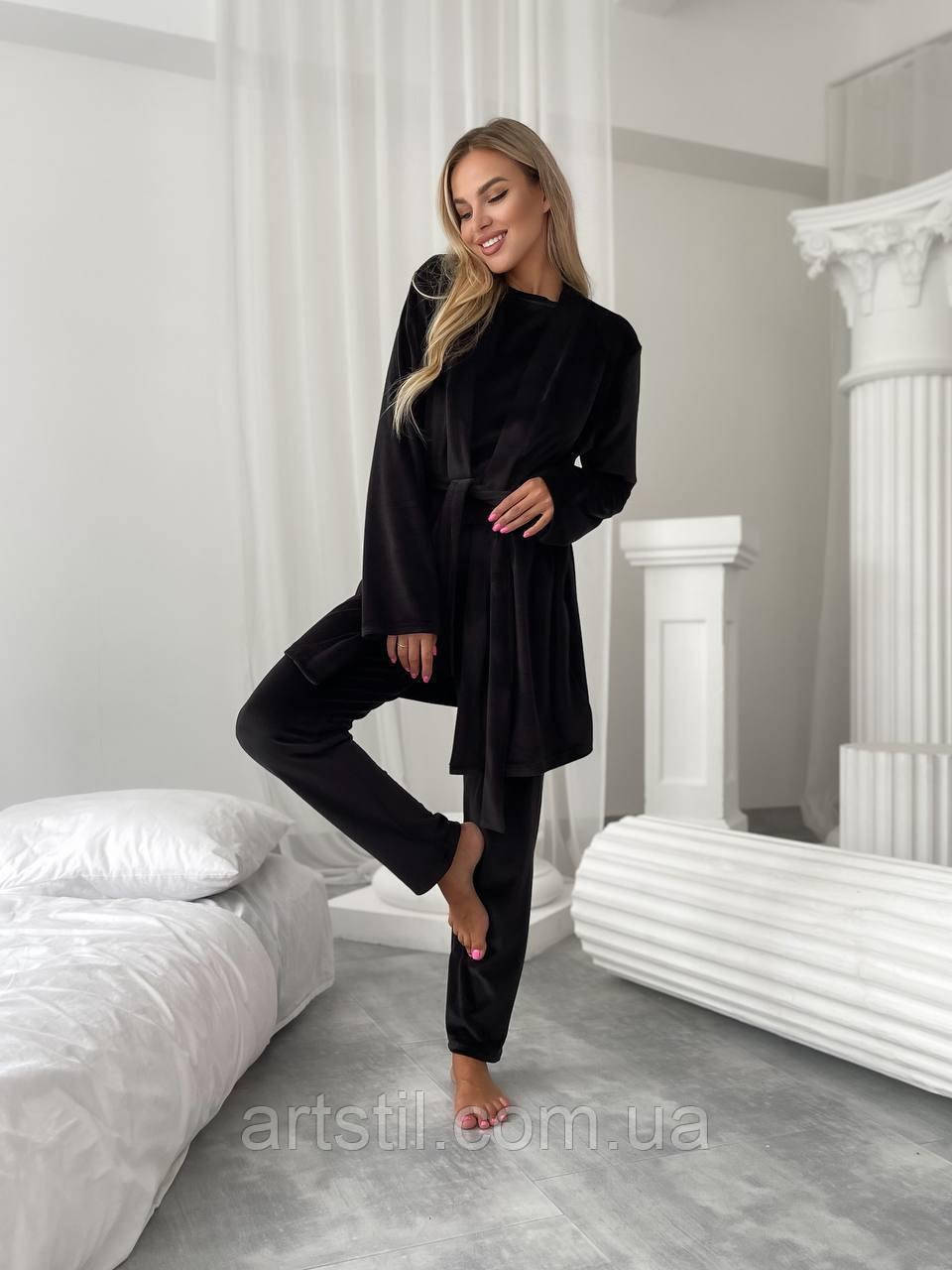 Жіночий домашній велюровий костюм-трійка чорний, для  затишний і приємний до тіла, фото 1