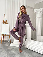 Жіночий домашній велюровий костюм-трійка пудро-фіолетовий (фрез), для  затишний і приємний до тіла