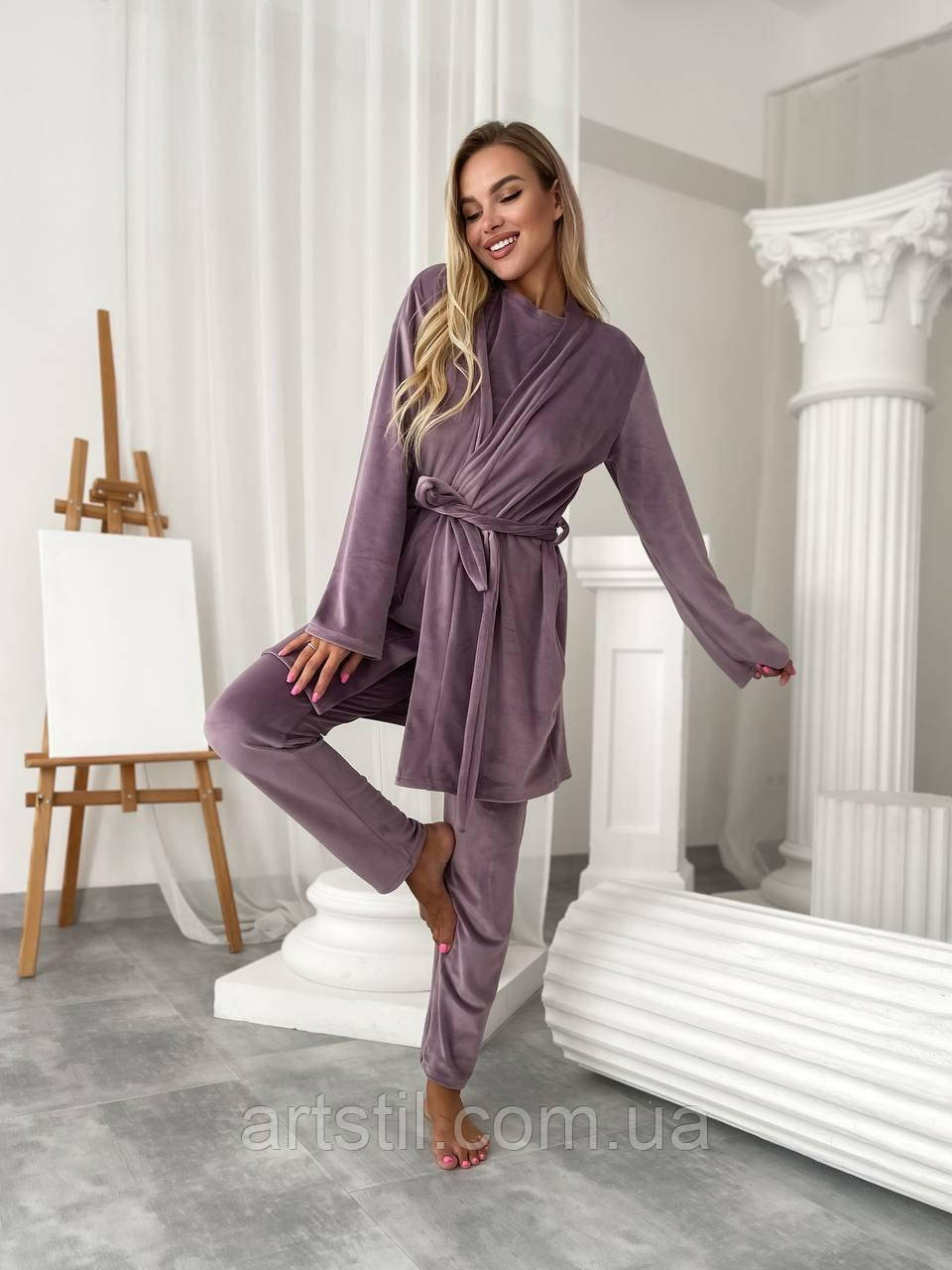 Жіночий домашній велюровий костюм-трійка пудро-фіолетовий (фрез), для  затишний і приємний до тіла, фото 1