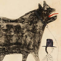 Картина у стилі наївного мистецтва «Людина з великим чорним псом» Білл Трейлор Сучасне абстрактне мистецтво 60х46см, фото 5