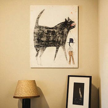 Картина у стилі наївного мистецтва «Людина з великим чорним псом» Білл Трейлор Сучасне абстрактне мистецтво 60х46см