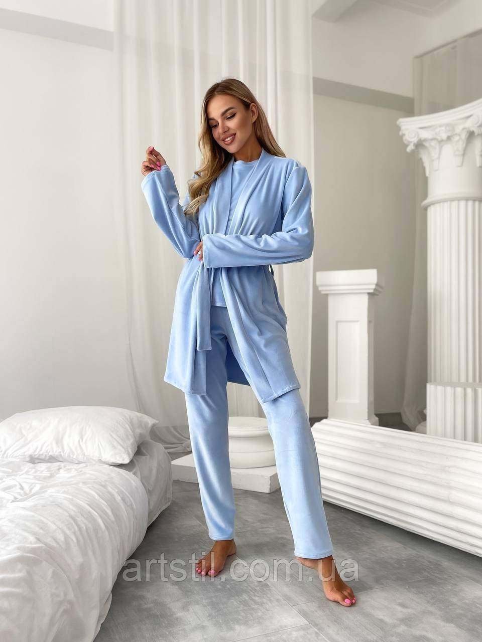 Жіночий домашній велюровий костюм-трійка голубого кольору, для  затишний і приємний до тіла, фото 1